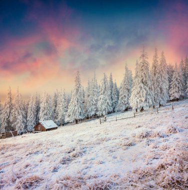 Forester'ın karlı dağ orman kulübede. Karpatlar, mutlu yeni yıl kutlama kavramı içinde renkli kış gündoğumu. Tarzı yazı işlenmiş fotoğraf.