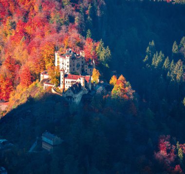 Fussen Almanya 'sındaki Hohenschwangau Kalesi' nin sonbahar manzarası. Bavyera Alpleri, Almanya, Avrupa 'da renkli bir sabah sahnesi. Seyahat konsepti arka planı.