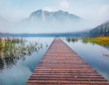 Altaussee Gölü 'nün göz kamaştırıcı sonbahar sahnesi. Avusturya 'nın Styria bölgesindeki Liezen bölgesindeki Altaussee köyünün sisli sabah manzarası. Kırsal konseptin güzelliği.