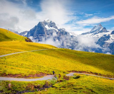 Grindelwald 'ın tepesinden güneşli bir yaz manzarası. Schreckhorn dağı sabah sisi, Grindelwald köyü konumu, İsviçre Bernese Alpleri, İsviçre, Avrupa.