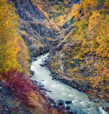 Mulkhra Nehri Kanyonu 'nun güzel sabah manzarası. Ushguli köyü, Yukarı Svaneti, Gürcistan, Avrupa 'daki Kafkasya dağlarındaki renkli sonbahar manzarası. İşlenmiş fotoğraf sonrası sanatsal stil.