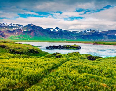 Saefellsnes 'deki Budakirkja kilisesi yakınlarındaki volkanik dağ eteklerindeki yeşil çimen vadisi. İzlanda, Avrupa 'nın batı kıyısında güneşli bir yaz manzarası. İşlenmiş fotoğraf sonrası sanatsal stil.