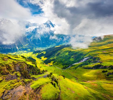 Grindelwald 'ın tepesinden sisli bir yaz manzarası. Schreckhorn dağı sabah sisi, Grindelwald köyü konumu, İsviçre Bernese Alpleri, İsviçre, Avrupa.