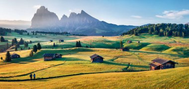 Arka planda Sassolungo / Langkofel zirvesi olan Compaccio köyünün güneşli sabah manzarası, Seiser Alm veya Alpe di Siusi konumu, Bolzano ili, İtalya, Avrupa. Dolomiti Alpleri 'nin çarpıcı yaz gündoğumu. 