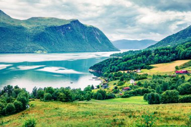 Tipik kırsal Norveç manzarası. Norveç, Avrupa 'da yaz sabahı. Doğa konseptinin güzelliği. Instagram filtre tonu