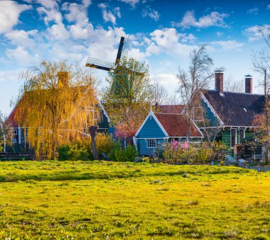 Zaanse Schans 'ta güneşli bahar sahnesi. Tipik Hollanda binasının güzel sabah manzarası, Zaandam köyü konumu, Hollanda, Avrupa. Kırsal konseptin güzelliği.