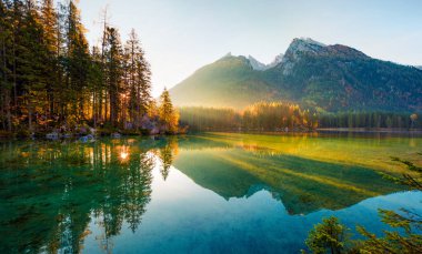 Hintersee Gölü 'nün muhteşem sonbahar gündoğumu. Avusturya, Almanya ve Avrupa sınırındaki Bavyera Alpleri 'nin muhteşem sabah manzarası. Doğa konseptinin güzelliği.