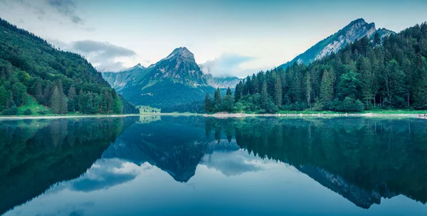 Tolles Sommerpanorama Auf Den Obersee Grüne Morgenlandschaft Der Schweizer Alpen — Stockfoto