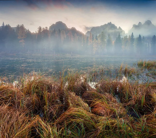 Misty Outdoor Scene Antorno Lake Colorful Autumn Morning Dolomite Alps — Stock Photo, Image