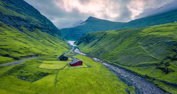 View Flying Drone Gorgeous Summer View Saksun Village Majestic Morning — Stock Photo, Image