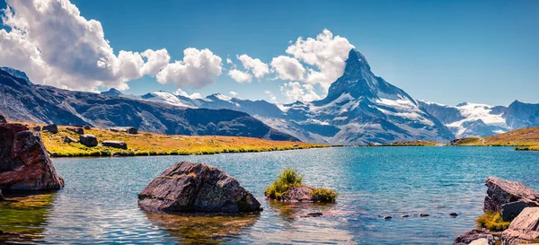Πολύχρωμο Καλοκαιρινό Πανόραμα Της Λίμνης Stellisee Μεγάλη Υπαίθρια Σκηνή Matterhorn — Φωτογραφία Αρχείου