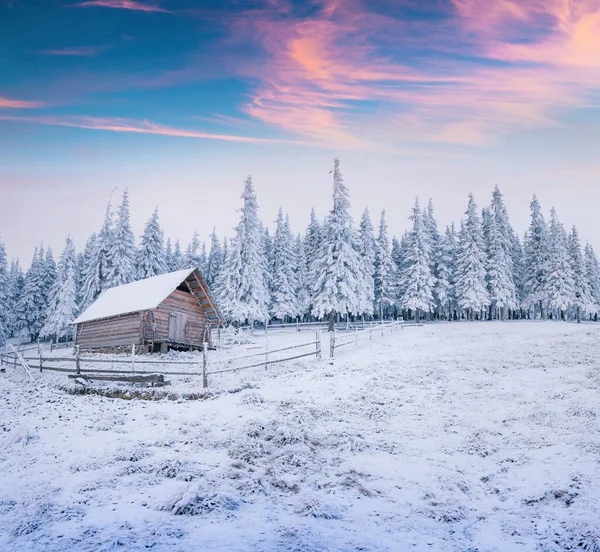 Cabaña Del Forestal Bosque Nevado Montaña Colorido Amanecer Invierno Los — Foto de Stock
