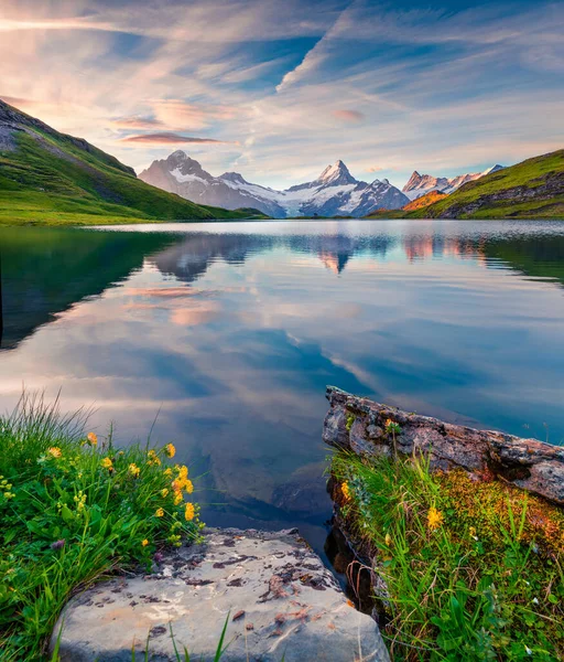 Lever Soleil Été Coloré Sur Lac Bachalpsee Avec Des Sommets — Photo