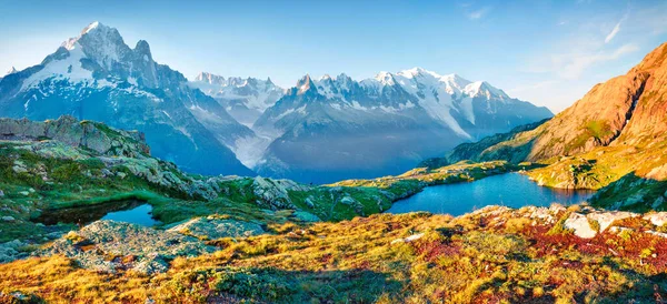 Colorful Summer Panorama Lac Blanc Lake Mont Blanc Monte Bianco — Stock Photo, Image