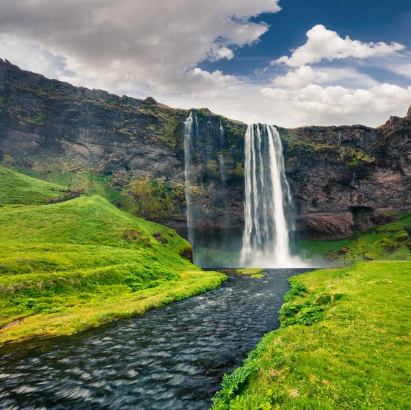 Όμορφη Θέα Πρωί Seljalandfoss Καταρράκτη Στον Ποταμό Seljalandsa Πολύχρωμη Καλοκαιρινή — Φωτογραφία Αρχείου