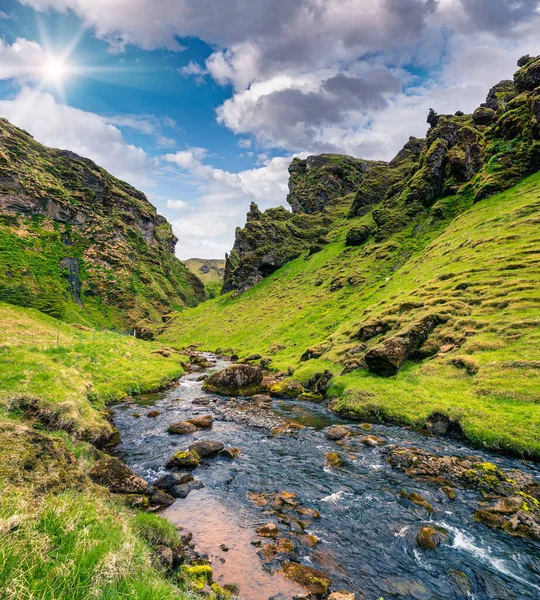 典型的冰岛高山景观 阳光明媚的夏景 绿色的峡谷与纯净的水沟 冰岛南部 艺术风格经处理后的照片 — 图库照片