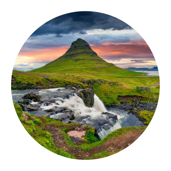 Icon Nature Landscape Great Summer Sunrise Famous Kirkjufellsfoss Waterfall Kirkjufell — Stock Photo, Image