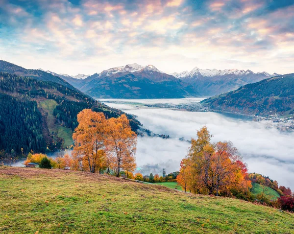 Zell湖の魅力的な景色 オーストリアの町の霧の秋の日の出 Zell Amザルツブルクの街の南をご覧ください 自然の概念の背景の美しさ — ストック写真