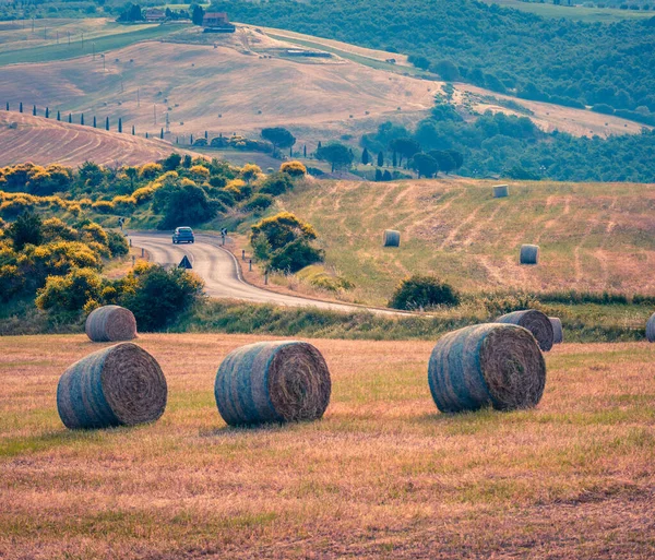 Herrliche Morgenszene Der Weizenernte Der Toskana Sonniger Sommerblick Auf Die — Stockfoto