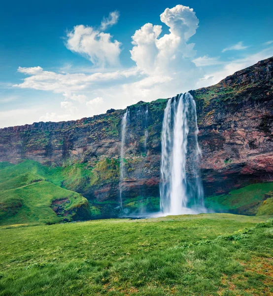 Seljalandfoss Waterfall 환상적 풍경이 Seljalandsa 강에서 보입니다 아이슬란드의 인상적 장면이다 — 스톡 사진