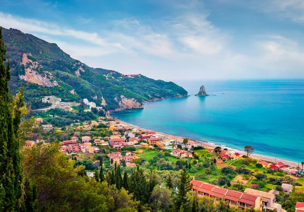 Paesaggio Aereo Estivo Della Città Agios Gordios Comune Achilleio Bellissimo — Foto Stock