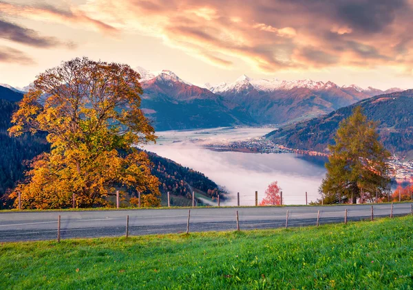 Spektakulärer Blick Auf Den Zeller See Beeindruckender Herbstblick Auf Die — Stockfoto