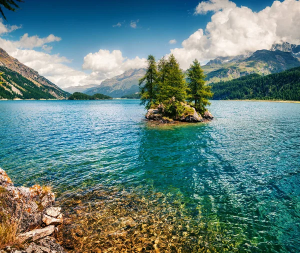 Petite Île Sur Lac Sils Magnifique Vue Matin Dans Les — Photo