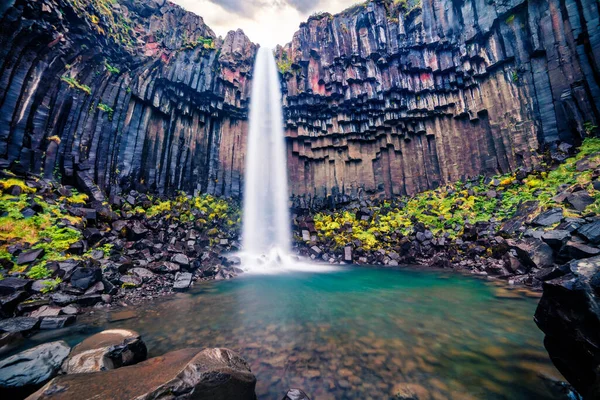 Excelente Vista Manhã Famosa Cachoeira Svartifoss Black Fall Espetacular Cena — Fotografia de Stock