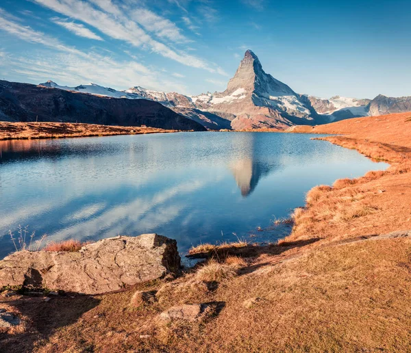 Splendida Vista Mattutina Sul Lago Stellisee Con Vetta Cervino Cervino — Foto Stock