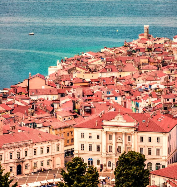 Vedere Aeriană Orașului Vechi Piran Dimineață Pitorească Primăvară Marea Adriatică — Fotografie, imagine de stoc