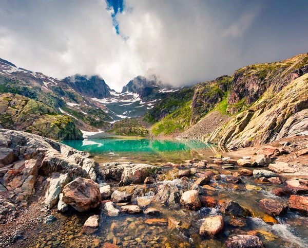 Colorful Summer Morning Lac Blanc Lake Belvedere Peack Background Chamonix — Stock Photo, Image