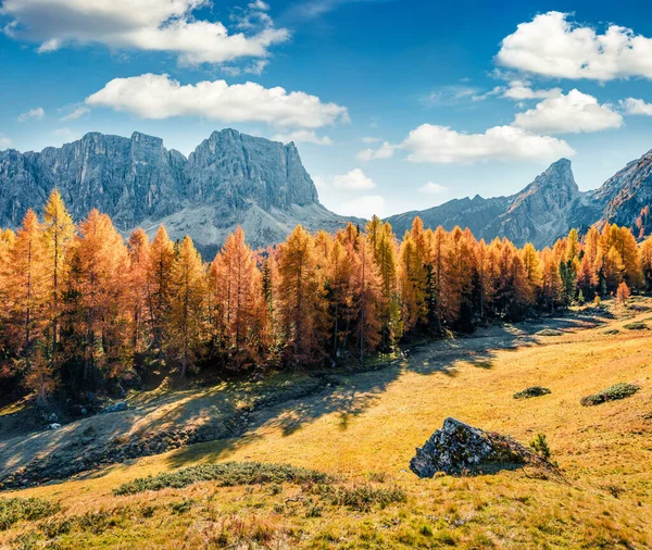 Herrlicher Morgenblick Vom Gipfel Des Giau Passes Sonnige Herbstlandschaft Den — Stockfoto