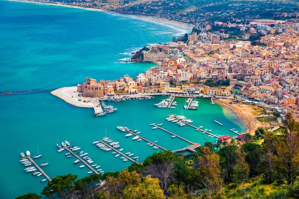 Luchtfoto Ochtend Stadsgezicht Van Castellammare Del Golfo Stad Prachtige Lente — Stockfoto