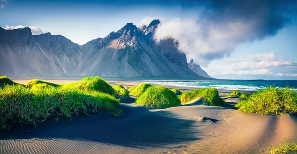 Impressive Summer View Black Sand Dunes Stokksnes Headland Southeastern Icelandic — Stock Photo, Image