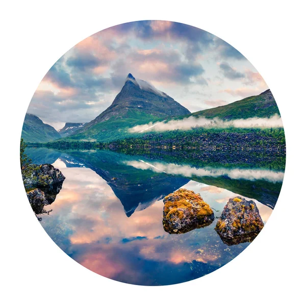 Round icon of nature with landscape. Impressive summer sunrise on Innerdalsvatna lake. Colorful morning scene of Norway, Europe. Photography in a circle.