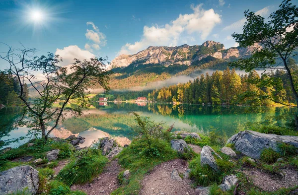 Manhã Verão Ensolarada Lago Hintersee Cena Livre Colorida Alpes Austríacos — Fotografia de Stock