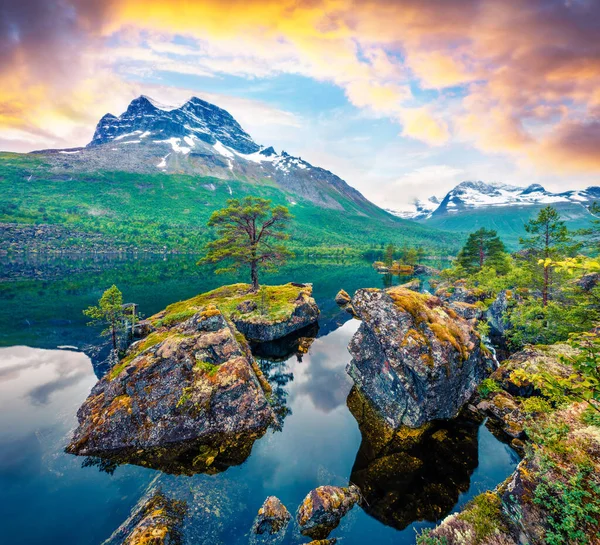 Fantástico Nascer Sol Verão Lago Innerdalsvatna Cena Manhã Colorida Noruega — Fotografia de Stock