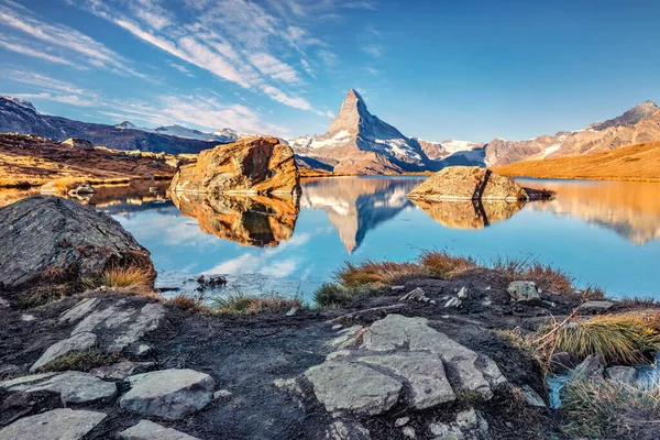 Φανταστική Θέα Πρωί Της Λίμνης Stellisee Matterhorn Cervino Κορυφή Στο — Φωτογραφία Αρχείου