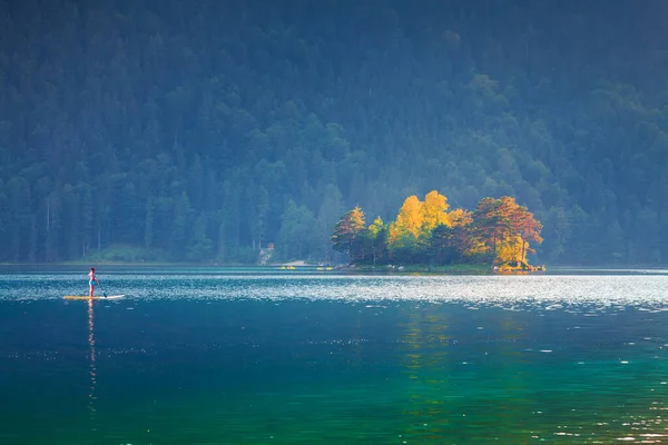 Canoeing Summer Morning Eibsee Lake Splendid Outdoor Scene German Alps — Stock Photo, Image