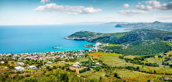 Panorama Aereo Del Villaggio Paralia Kakis Thalassis Brillante Paesaggio Marino — Foto Stock