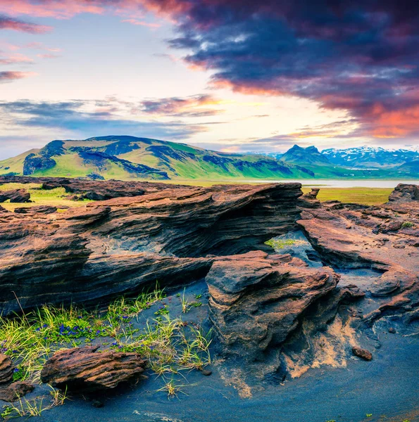 Типичный Исландский Пейзаж Южном Побережье Исландии Красочный Летний Восход Солнца — стоковое фото