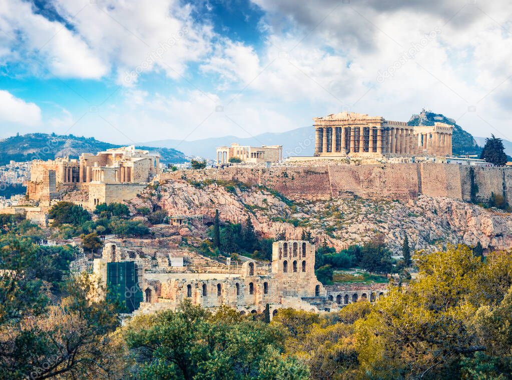 Captivatin spring view of Parthenon, former temple, on the Athenian Acropolis, Greece, Europe. Colorful morning scene in Athens. Treveling concept background. Artistic style post processed photo.