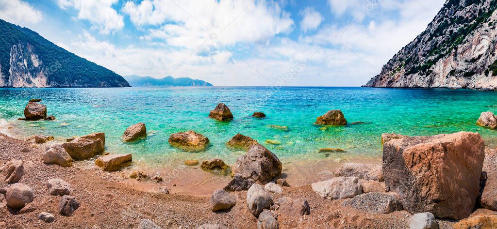 Panoramic view of Myrtos Beach. Colorful morning scene of Cephalonia island, Divarata village location, Greece, Europe. Bright spring seascape of Ionian Sea. Beauty of nature concept background.