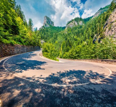 Bicaz Geçidi 'nin göz kamaştırıcı yaz manzarası. Harghita County, Romanya, Avrupa 'nın güneşli sabah manzarası. Seyahat konsepti arka planı.