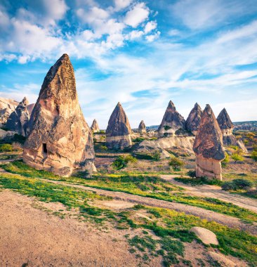 Kapadokya 'nın güneşli yaz manzarası. Red Rose Valley 'in inanılmaz sabah sahnesi. Nevsehir ilçesinin bulunduğu Cavusin köyü, Türkiye, Asya. Seyahat konsepti arka planı.