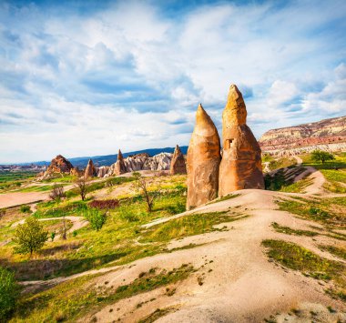 Cappadocia 'nın arka planında kireçtaşı zirveleri olan harika bir yaz manzarası. Kırmızı Gül Vadisi 'nin muhteşem sabah manzarası. Nevsehir ilçesine bağlı Cavusin köyü, Türkiye, Asya. 