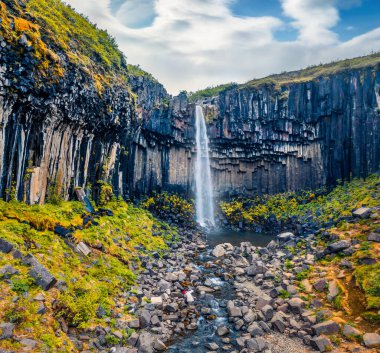 Uçan İHA 'nın görüntüsü. Meşhur Svartifoss Şelalesi 'nin nefes kesici sabah manzarası. Skaftafell, Vatnajokull Ulusal Parkı, İzlanda, Avrupa 'da egzotik yaz sahneleri. 