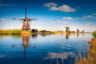 Hollanda 'daki kanalda renkli bir bahar sahnesi. UNESCO 'nun dünya mirası olan Kinderdijk' teki Hollanda yel değirmenleri.