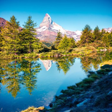 Grindjisee gölünde renkli bir yaz sabahı. Matterhorn (Monte Cervino, Mont Cervin) zirvesi, İsviçre Alpleri, Zermatt konumu, Valais kantonu, İsviçre, Avrupa. Doğa konseptinin güzelliği.