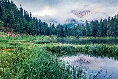 Sabah sisinin içinde Tre Cime di Lavaredo (Drei Zinnen) ile Antorno Gölü 'nün görkemli yaz sahnesi. Dolomite Alpleri, İtalya, Avrupa 'nın inanılmaz sabah manzarası. Doğa konseptinin güzelliği.